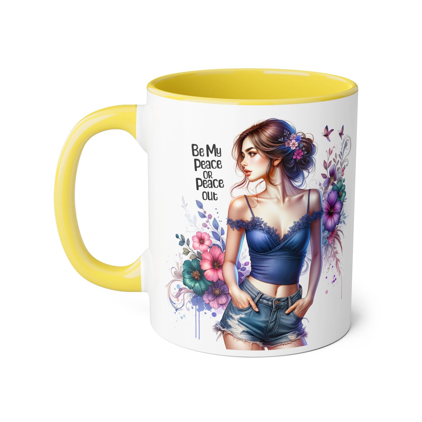 Be My Peace or Peace Out Bohemian Themed Accent Mug, Artist Cup, Unique Gift, Floral Coffee Cup, Inspirational Quote Mug