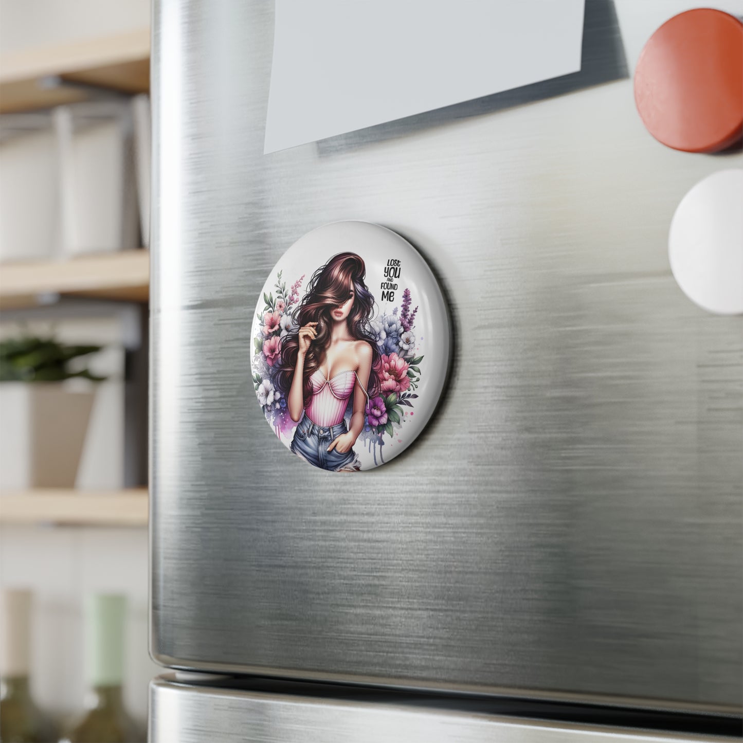 Chic Floral Button Magnet, Unique Gift, Home Decor, Collectible, Lost You Found Me Design, Round Magnet