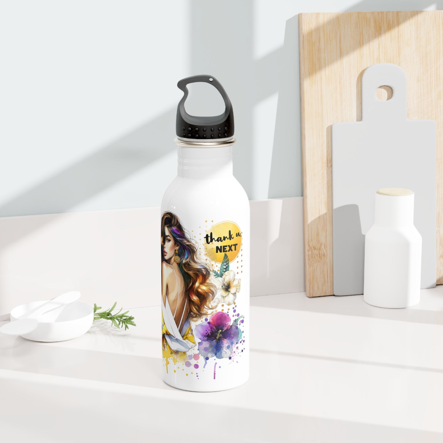 Thank U, Next Stylish Stainless Steel Water Bottle with Floral Art - Perfect for Everyday Use, Travel, Gifts, Fitness, Eco-Friendly Hydration