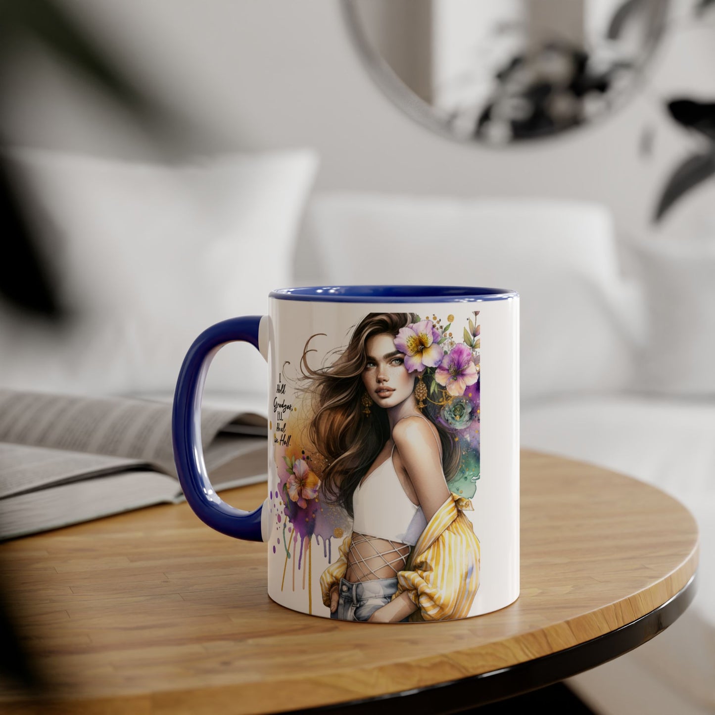 I Hold Grudges, I'll Heal in Hell  Humoristic Elegant Floral Accent Mugs for Coffee Lovers, Inspirational Gift, Home Decor, Unique Art, Perfect for Birthdays, Mother’s Day