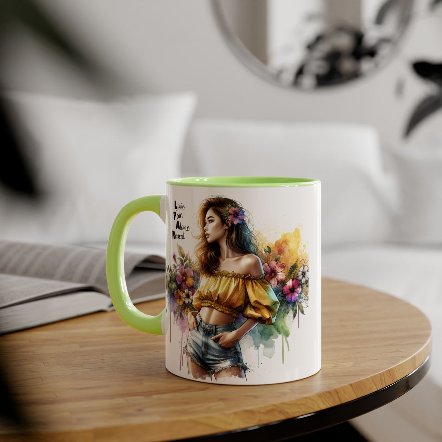 Colorful Floral Accent Mug - Love, Pain, Alone, Repeat Drinkware, Boho Coffee Cup, Gift for Her, Inspirational Mug