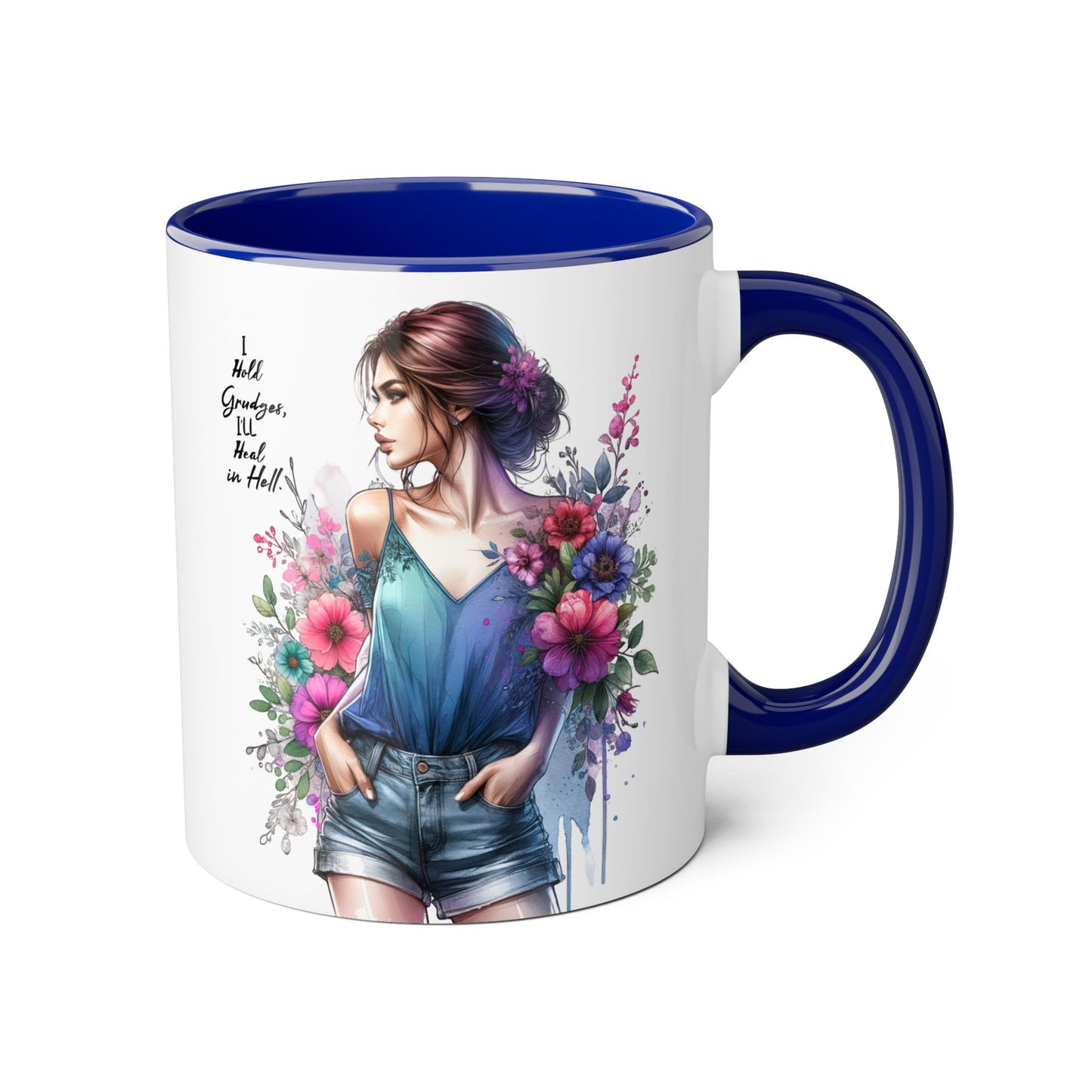 I Hold Grudges, I'll Heal in Hell  Humoristic Floral Accent Mug, 11oz Coffee Cup for Grandma, Gift for Her, Birthday Present, Mother's Day, Home Decor, Floral Design