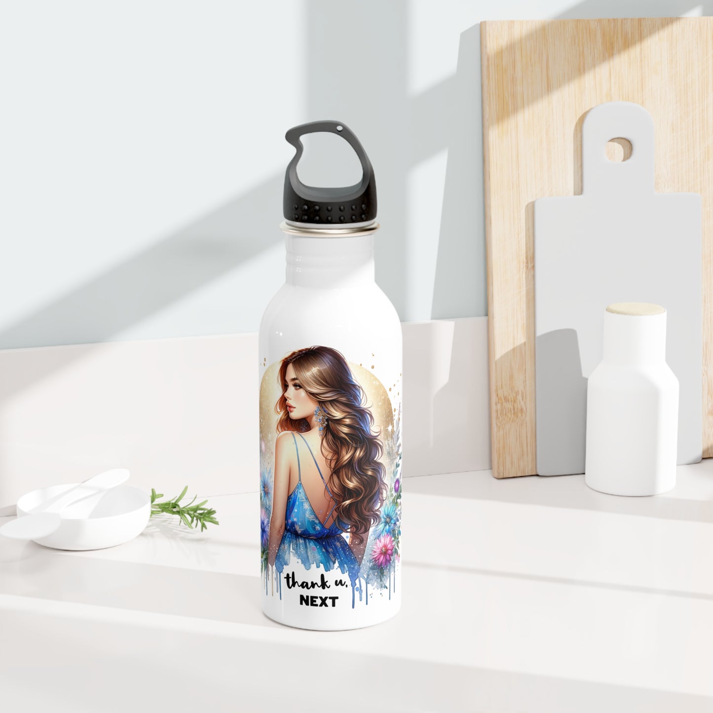 Thank U, Next Stainless Steel Water Bottle with Floral Design | Inspirational Gift, Outdoor Adventure, Fitness Companion, Personalized Hydration