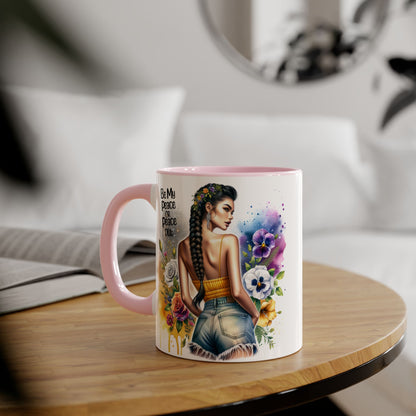 Artistic Black Handle Mug with Inspirational Message, Be My Peace or Peace Out, Unique Gift for Coffee Lovers, Colorful Floral Design, [...]
