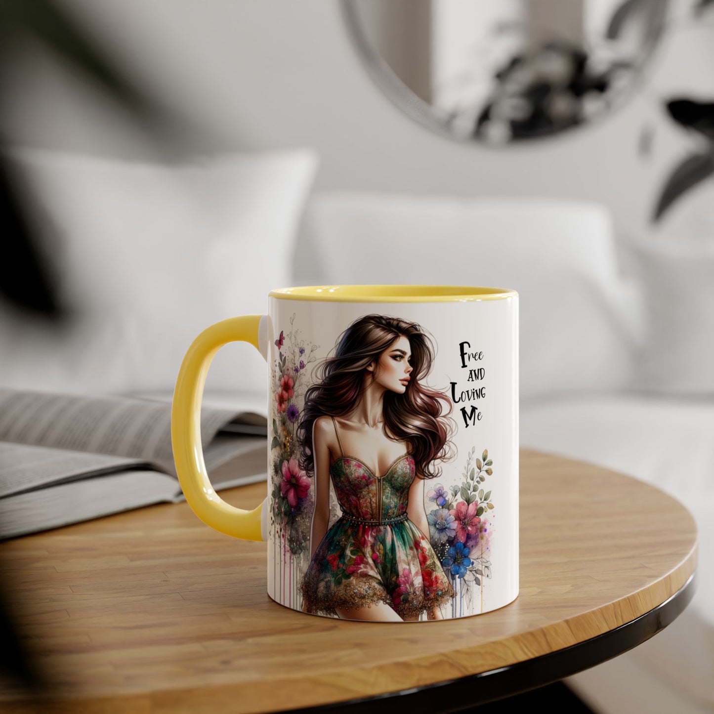 Free and Loving Me Floral Accent Mug | 11oz Coffee Cup, Gift for Her, Art Mug, Bohemian Decor, Flower Lover Gift