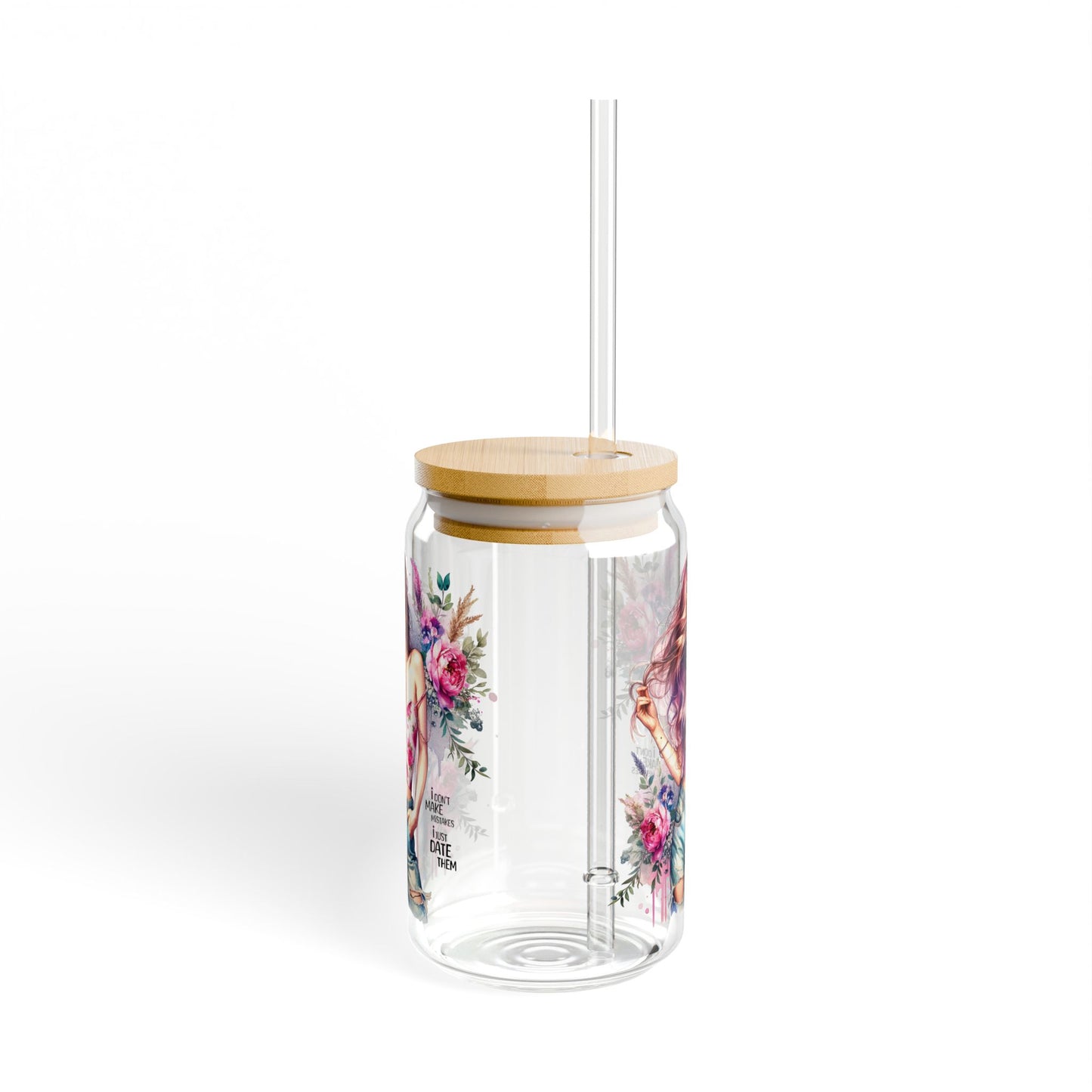 I Don't Make Mistakes, I Date Them Floral Sipper Glass, 16oz - Reusable Jar with Straw for Eco-Friendly Hydration, Perfect for Summer Picnics, Gifts for Her, Beach Days, [...]