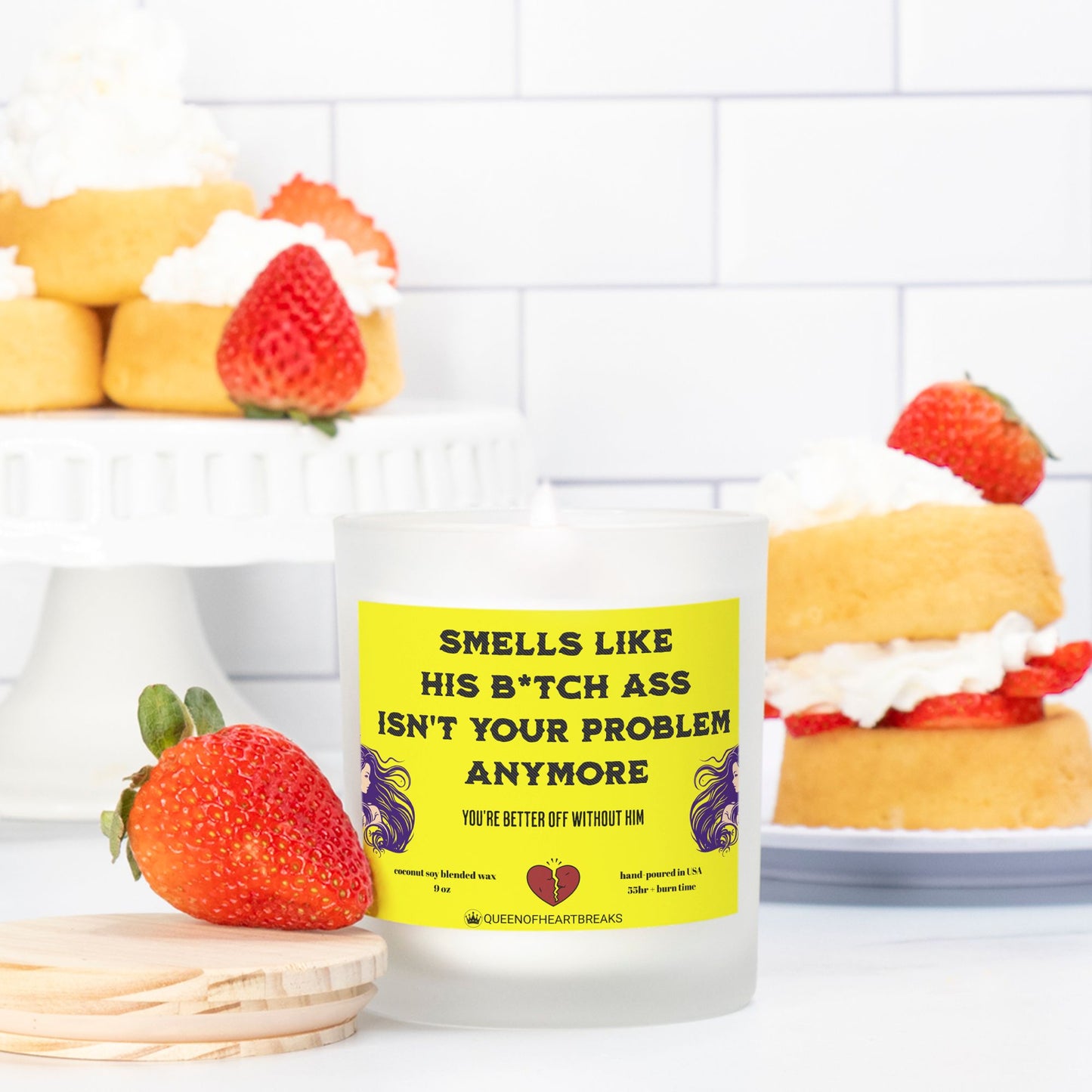 Smells Like His B*itch Ass Isn't Your Problem Anymore-Candle Frosted (Pink Wick) Glass