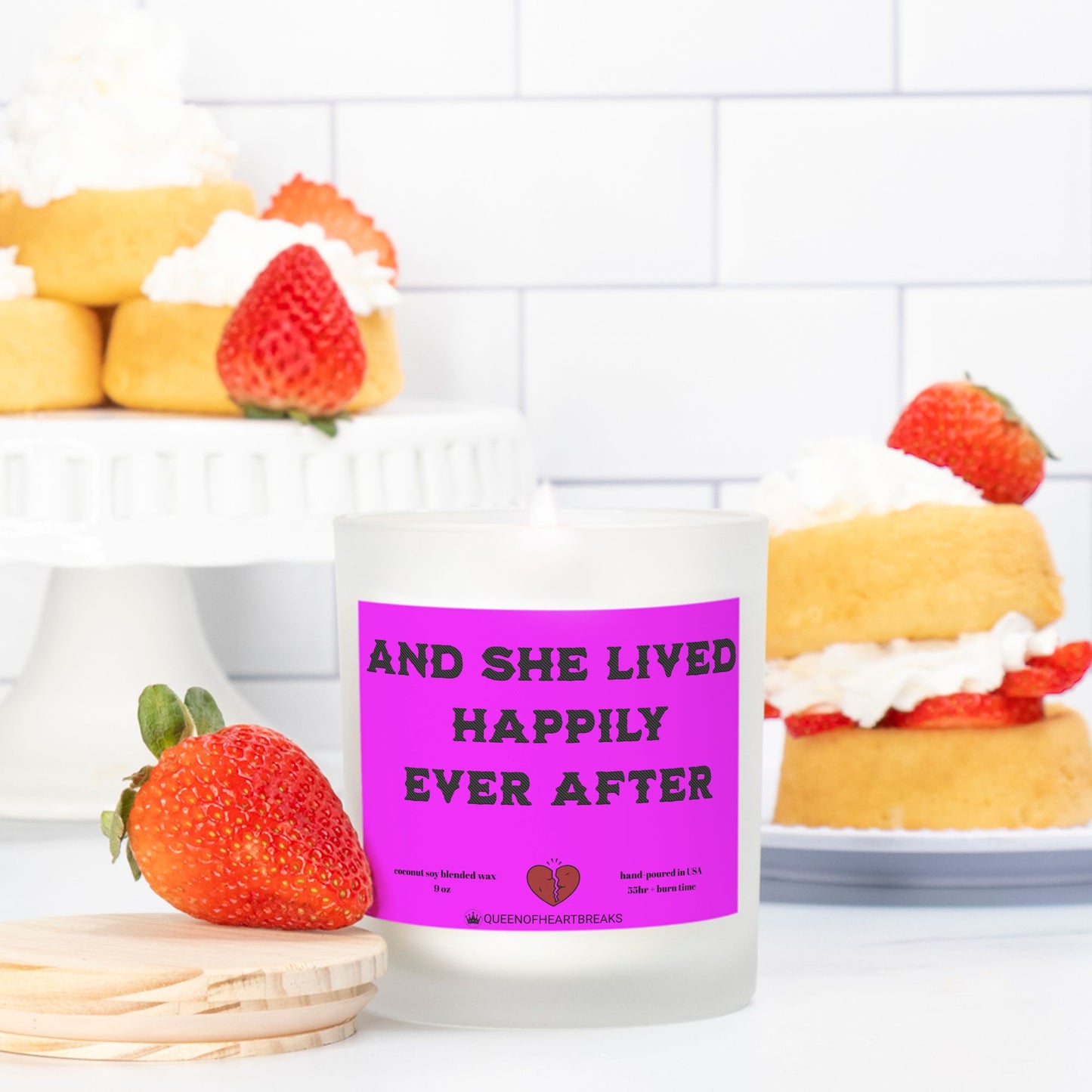 And She Lived Happily Ever After-Candle Frosted (Pink Wick) Glass