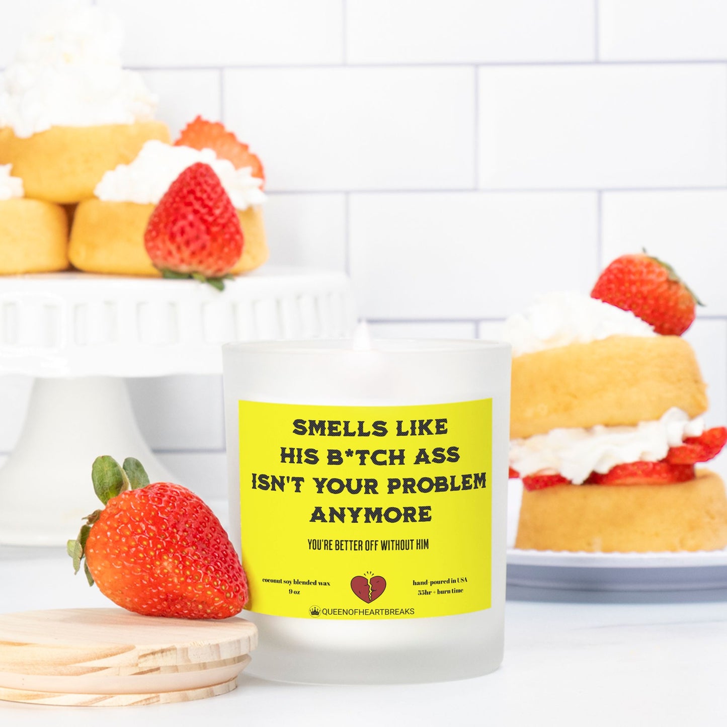 Smells Like His B*itch Ass Isn't Your Problem Anymore-Candle Frosted (Pink Wick) Glass